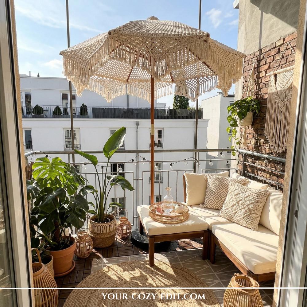 A chic, cream-colored macramé patio umbrella with fringe detailing provides shade over a cozy, sun-drenched apartment balcony. The outdoor space features a wooden corner sectional with cream cushions and patterned pillows, anchored by a circular jute rug and a wooden deck floor. Lush potted greenery, including a large Monstera and a Bird of Paradise plant, surrounds the seating area, creating a tropical vibe. The balcony overlooks a modern white city building under a clear blue sky, perfectly capturing a serene urban retreat.
