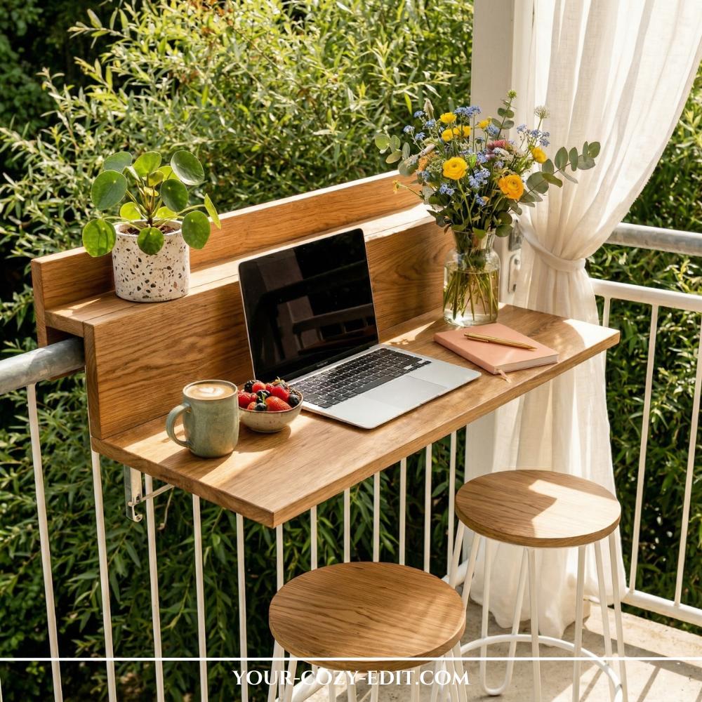 This photo shows a functional and aesthetic outdoor workspace set up on a small apartment balcony. A clever wooden railing desk is hooked over a white metal railing, holding a laptop, a cup of coffee, a bowl of berries, and a vase of wildflowers. Two minimalist white bar stools with wooden tops sit underneath the desk, tucked against the balcony edge. Lush green trees and a white linen curtain in the background create a peaceful, private atmosphere for working from home or enjoying a break.