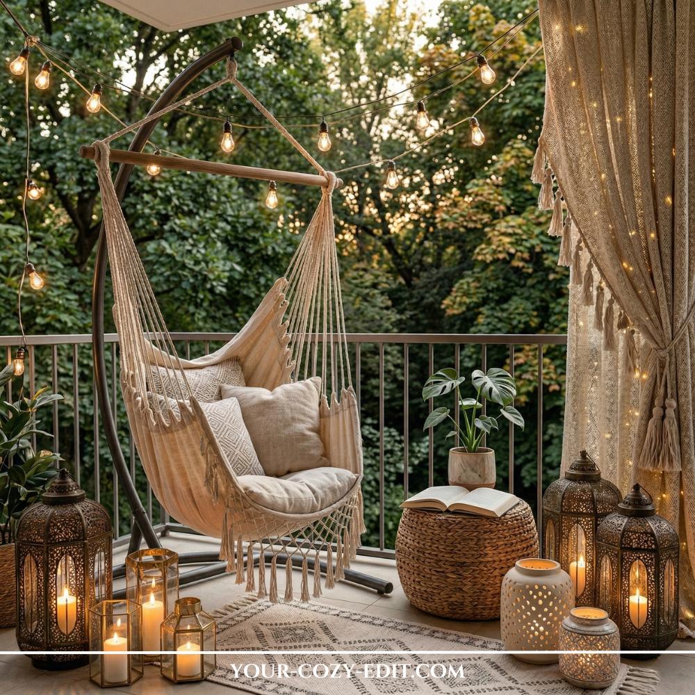 A dreamy evening balcony setup features a cream macramé hanging hammock chair as the focal point, surrounded by a variety of glowing lanterns on a patterned rug. Ornate Moroccan-style metal lanterns and minimalist ceramic ones of different sizes are grouped together, casting a warm, flickering light across the floor. Above, globe string lights are draped across the space, adding to the magical atmosphere alongside a soft, tasseled linen curtain. The background shows lush green trees at twilight, perfectly capturing a private and serene outdoor sanctuary.
