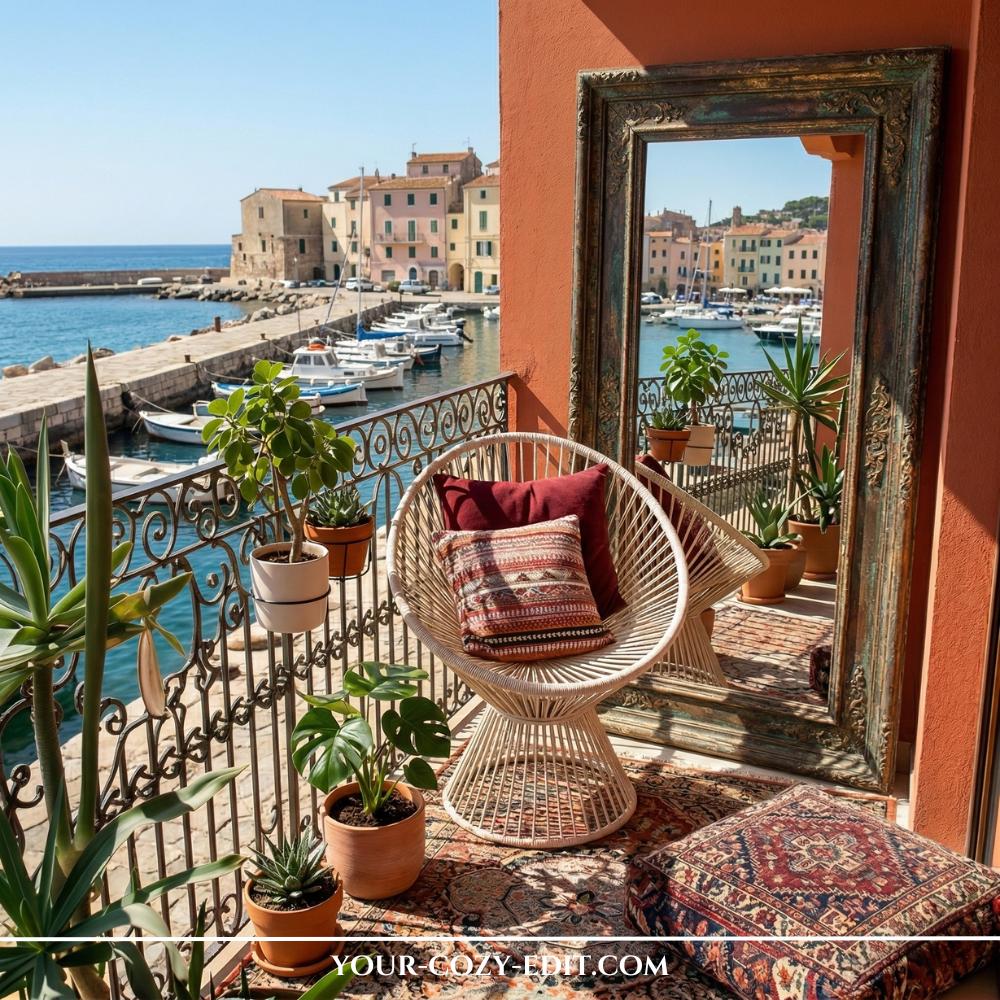 A large, ornate vintage floor mirror leans against a warm terracotta-colored wall on a sunlit balcony, reflecting a picturesque Mediterranean harbor filled with boats. A white Acapulco-style chair with decorative red and patterned pillows sits on a rich, oriental-style rug, surrounded by various terracotta potted plants. The mirror creates a clever visual illusion of a much larger outdoor space while framing the stunning coastal view. The entire scene captures a luxurious, bohemian-inspired retreat overlooking a historic waterfront town.