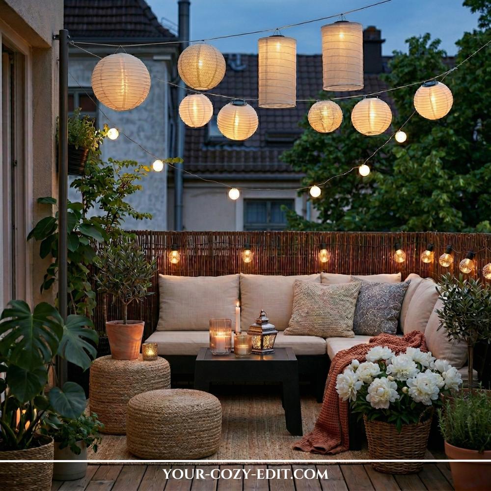 This evening photograph shows a cozy apartment balcony illuminated by several glowing white paper lanterns in various shapes hanging from a string. The space features a neutral-colored corner sectional with plush pillows, a dark coffee table with candles, and two woven jute poufs on a natural rug. A rustic reed privacy screen lines the railing, and lush potted plants, including a large Monstera, add to the tranquil atmosphere. The warm, golden light of the lanterns creates a magical, inviting ambiance against the twilight sky and distant city buildings.