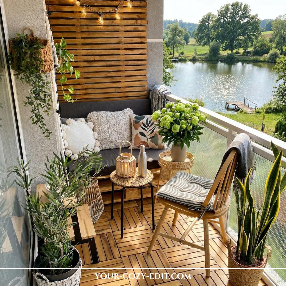 This detailed photograph captures a cozy, beautifully styled apartment balcony sanctuary overlooking a peaceful lake and rolling hills. The floor is covered in warm, interlocking acacia wood deck tiles, transforming drab concrete into an inviting patio. A grey pallet sofa with textured white and patterned pillows rests against a slatted wooden wall adorned with charming string lights. Lush greenery, including a potted olive tree and hanging plants in wicker baskets, fills the space alongside small decorative tables holding a lantern and flowers.