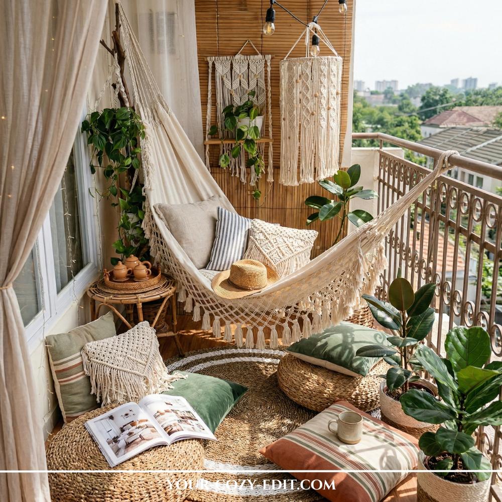 A sun-drenched, boho-style apartment balcony featuring a cream macramé hammock and a cozy seating area on the floor. Layered jute and patterned rugs are topped with various plush floor pillows in sage green, stripes, and macramé textures. Lush greenery, including a fiddle leaf fig and hanging ivy, surrounds the space, which is decorated with macramé wall hangings and warm string lights. An open magazine and a coffee mug on the floor create an inviting, lived-in atmosphere for a perfect urban retreat.