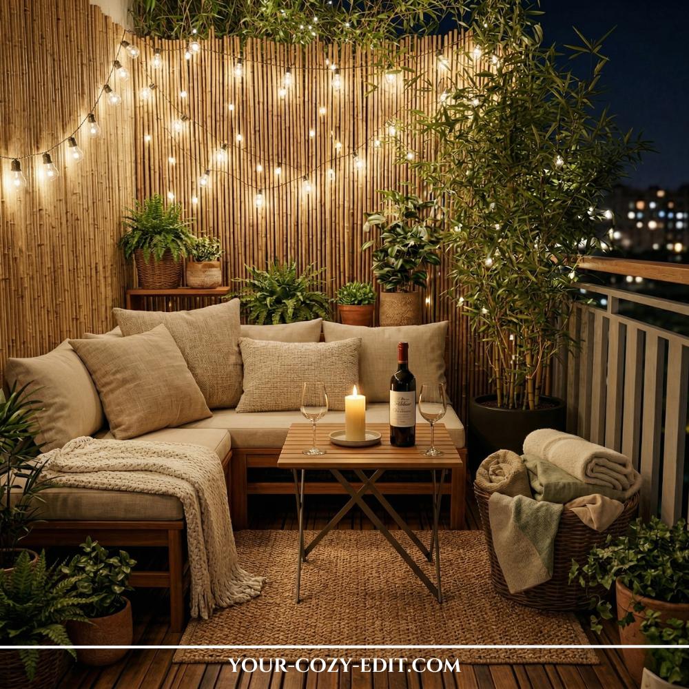 This evening shot features a cozy, warmly lit apartment balcony with a tall bamboo privacy screen serving as a backdrop for glowing globe string lights. A wooden L-shaped sectional with beige cushions and a chunky knit throw creates an inviting lounge area on a natural jute rug. A small wooden table in the center holds a bottle of wine, two glasses, and a lit candle, adding to the intimate atmosphere. Lush green plants and a wicker basket filled with rolled blankets complete the scene, creating a perfect retreat for a quiet night outdoors.