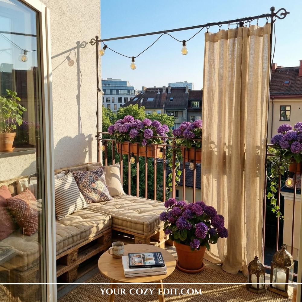 A dreamy, sun-drenched apartment balcony featuring a cozy corner sofa made of wooden pallets with neutral-toned cushions and decorative pillows. A long, light-tan linen curtain hangs from a thin metal frame, providing soft shade and privacy against a backdrop of European city rooftops. Vibrant purple hydrangeas in window boxes and pots add a lush pop of color to the space. The scene is completed with warm string lights, a small wooden coffee table, and a natural jute rug, creating a perfect urban oasis.