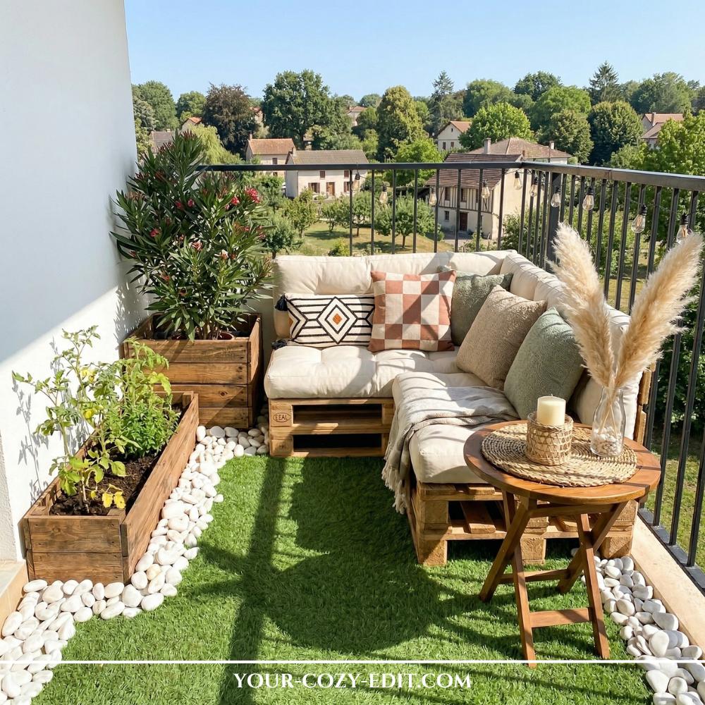 A sunny, stylishly decorated apartment balcony transformed into a mini-garden sanctuary. It features lush, realistic artificial grass on the floor, bordered by polished white river pebbles and a wooden planter box growing small tomato plants. A comfortable corner sofa made of wooden pallets with white cushions and patterned pillows sits opposite a small, round folding wooden table. The space is completed with string lights, pampas grass in a vase, and a large potted plant, all overlooking a scenic view of a European-style town and forest.