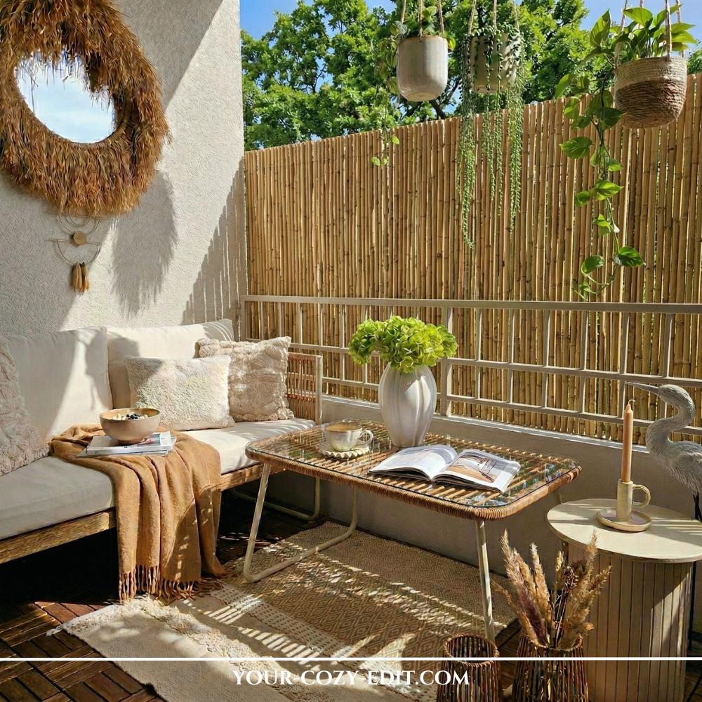 This bright and airy apartment balcony features a natural bamboo privacy screen attached to the metal railing, creating a secluded outdoor retreat. A light-colored wooden sofa with cream cushions and a cozy tan throw blanket sits on a layered rug setup over wooden deck tiles. A glass-topped rattan coffee table holds a cup of coffee and an open book, surrounded by boho-inspired decor like a large fringe-bordered mirror and hanging potted plants. The warm sunlight filters through nearby trees, highlighting the serene and cohesive neutral color palette of the space.