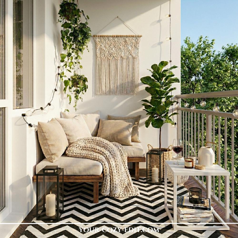This image shows a cozy and modern apartment balcony designed as an inviting outdoor lounge. A bold black-and-white chevron-patterned rug covers the floor, anchored by a wooden corner sectional with light-colored cushions and a chunky knit throw. The wall is decorated with a large macramé hanging, while a tall fiddle leaf fig plant and hanging ivy add lush greenery. Warm ambient lighting from string lights and lanterns creates a relaxing atmosphere, complemented by a white side table holding a glass of wine and magazines.