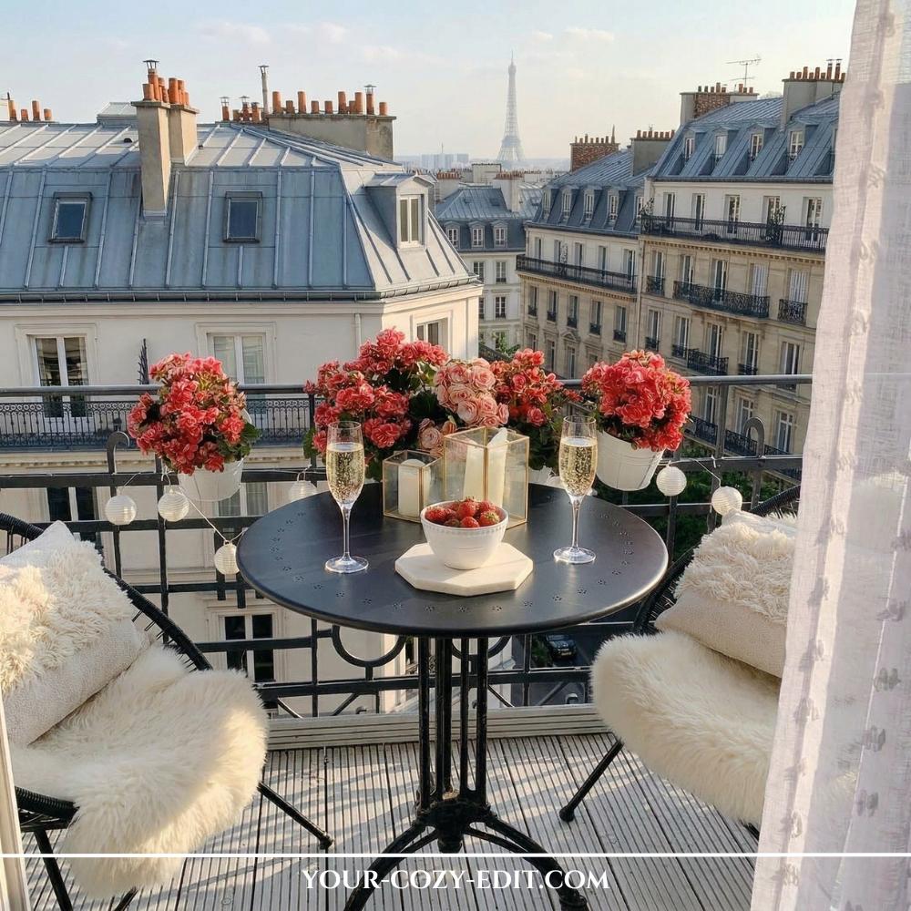 This breathtaking photograph captures a romantic Parisian-style balcony overlooking the city skyline and the Eiffel Tower at sunset. A round black metal bistro table is elegantly set with two glasses of champagne and a bowl of fresh strawberries, flanked by chairs draped in plush white faux fur. White metal railing planters filled with vibrant pink and coral flowers line the edge, accompanied by delicate white globe string lights. The scene is framed by a soft, white sheer curtain, creating a luxurious and serene 'main character' atmosphere.