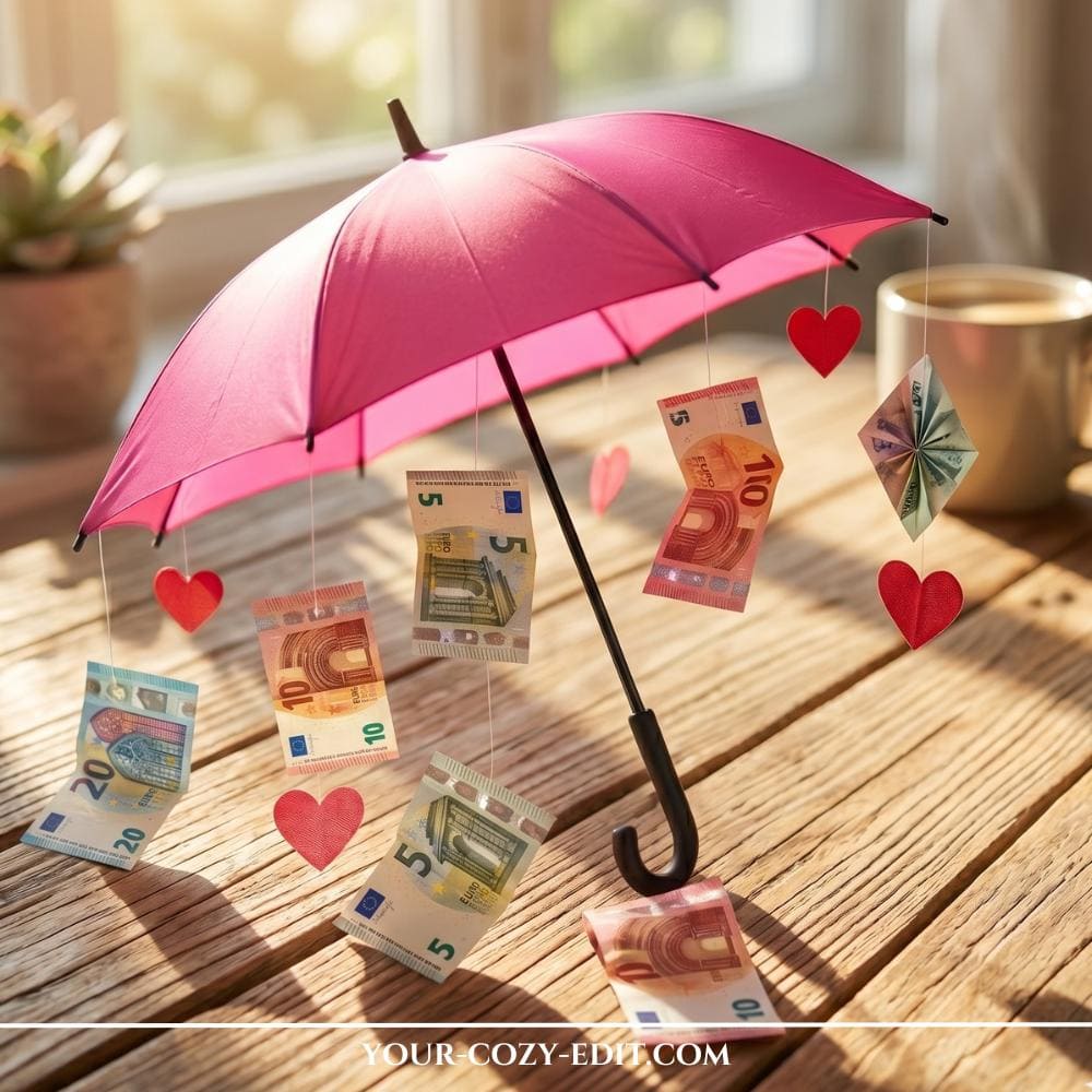 A romantic wedding DIY cash gift featuring a small pink umbrella opened on a rustic wooden table. Delicate invisible strings hang from the umbrella's frame, holding alternating cash bills and vibrant red paper hearts that look like raindrops. The scene is illuminated by warm, natural sunlight coming from a window in the background next to a cozy coffee mug.