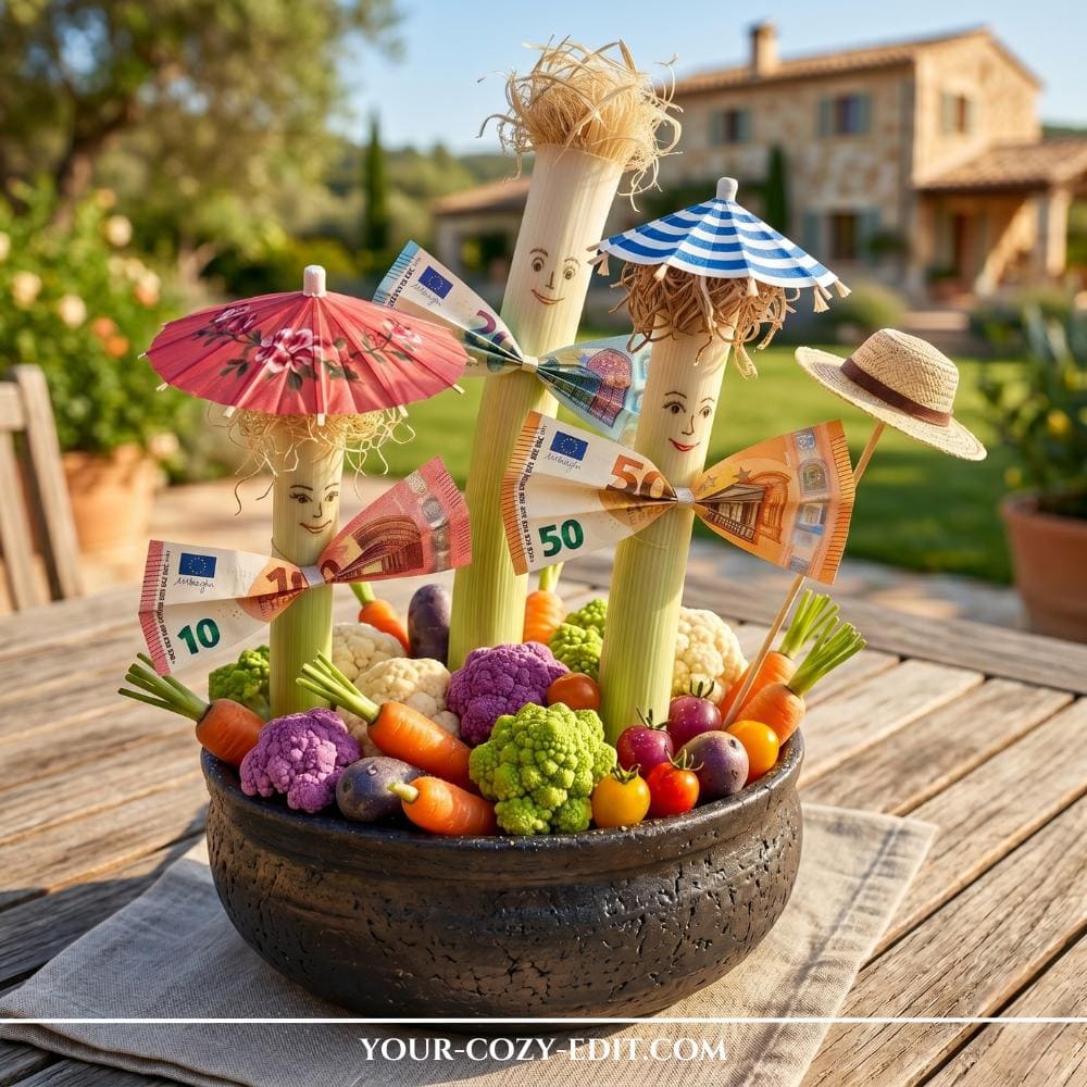A funny and colorful DIY money gift for foodies featuring three stalks of leek styled as a family inside a rustic black ceramic bowl. The leeks have hand-drawn smiley faces, are decorated with tiny cocktail umbrellas and a miniature straw hat, and wear bow ties folded out of cash bills. The bowl is filled to the brim with vibrant vegetables including purple cauliflower, green romanesco, small carrots, and cherry tomatoes, set on a wooden table outdoors.