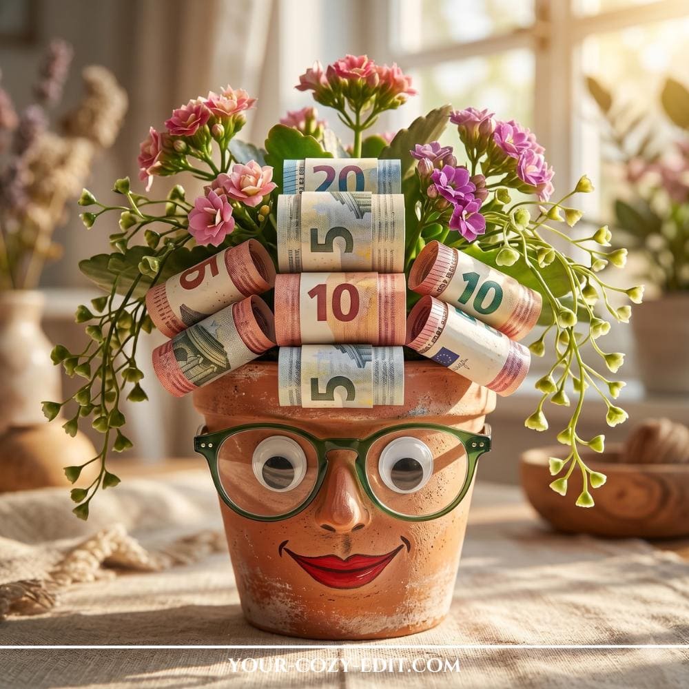 A funny and creative DIY cash gift featuring a terracotta plant pot decorated with a hand-painted smiling face, large googly eyes, and green glasses. A lush green plant with vibrant pink flowers grows inside the pot, styled to look like a wild hairstyle. Multiple euro cash bills are tightly rolled and tucked into the leaves like hair rollers, creating a hilarious hair-salon-themed money gift on a sunlit table.