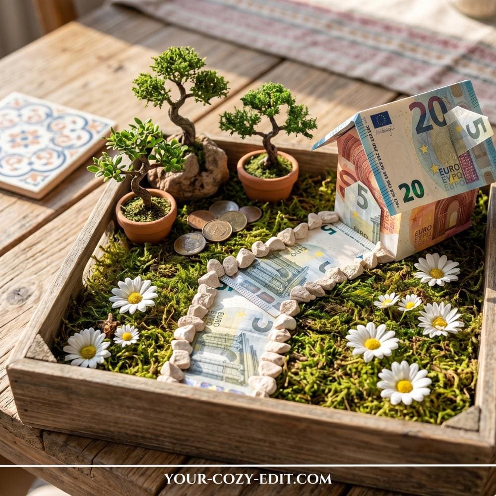 A beautiful DIY wedding cash gift designed as a miniature garden landscape inside a shallow wooden tray. The scene features lush green moss, scattered white daisies, three small bonsai trees in terracotta pots, and scattered coins. In the corner, a tiny house folded entirely out of cash bills is connected to a money pathway paved with euro bills and lined with small white stones.