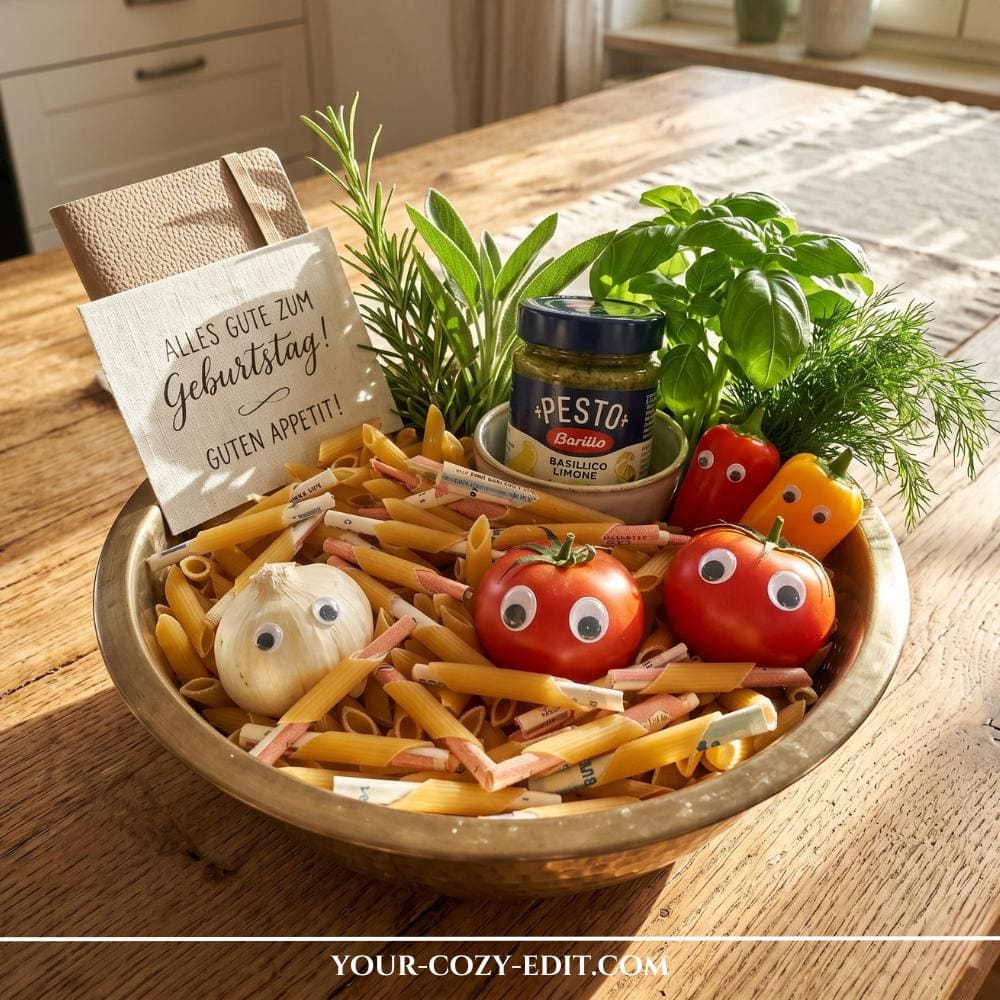 A funny and creative DIY pasta-themed cash gift arranged inside a gold metal bowl on a wooden table. The bowl is filled with raw penne pasta mixed with tightly rolled cash bills, fresh tomatoes, mini bell peppers, and a garlic bulb, all decorated with funny googly eyes. In the background, a jar of Barilla pesto sits among fresh basil and rosemary, next to a birthday card that reads "Alles Gute zum Geburtstag! Guten Appetit!".
