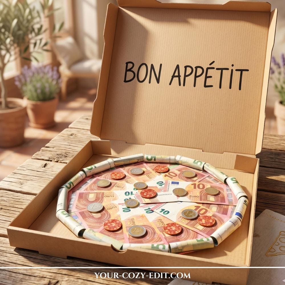 A clever and funny DIY cash gift presented in a clean cardboard pizza box. Inside, folded and rolled Euro cash bills are creatively arranged on white tissue paper to resemble a pizza with a pepperoni topping made of paper cutouts and small coins. A personalized birthday message, including a hand-drawn cartoon of a pizza, is written in black and red marker on the inside lid.
