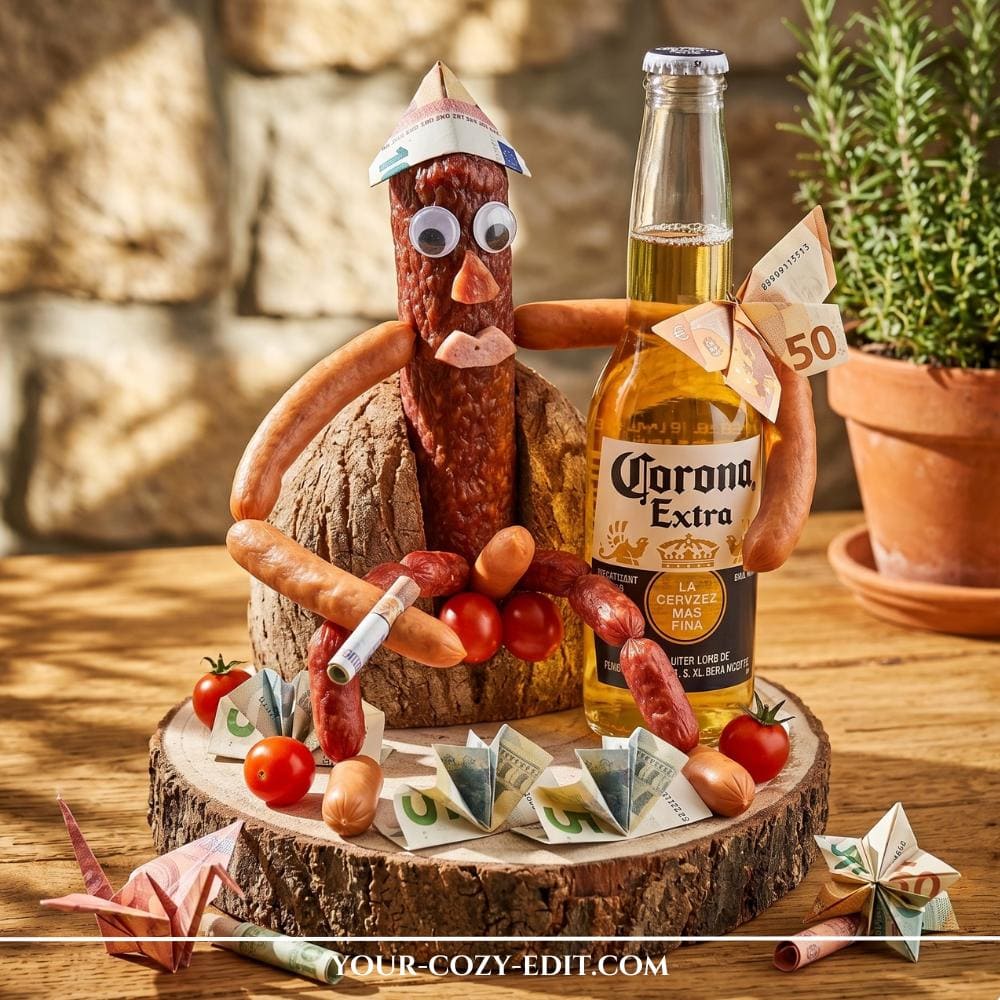 A funny and creative DIY money gift featuring a homemade "sausage man" figure built from salami and hot dogs on a rustic wood slice platter. The sausage figure has googly eyes, wears a party hat folded out of a euro bill, holds a rolled cash cigarette, and sits next to a cold bottle of Corona Extra beer. The board is decorated with fresh cherry tomatoes, small sausages, and various origami creations intricately folded out of cash bills.