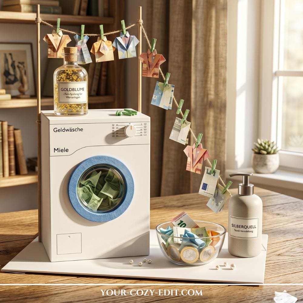 A humorous DIY money gift featuring a handmade miniature white washing machine with a blue porthole filled with cash bills inside. A miniature clothesline is strung next to the machine, showcasing euro bills intricately folded into tiny shirts and hung with small green clothespins. The scene is set on a wooden table, decorated with a glass detergent bottle on top of the machine and a small glass bowl filled with coins and cash.