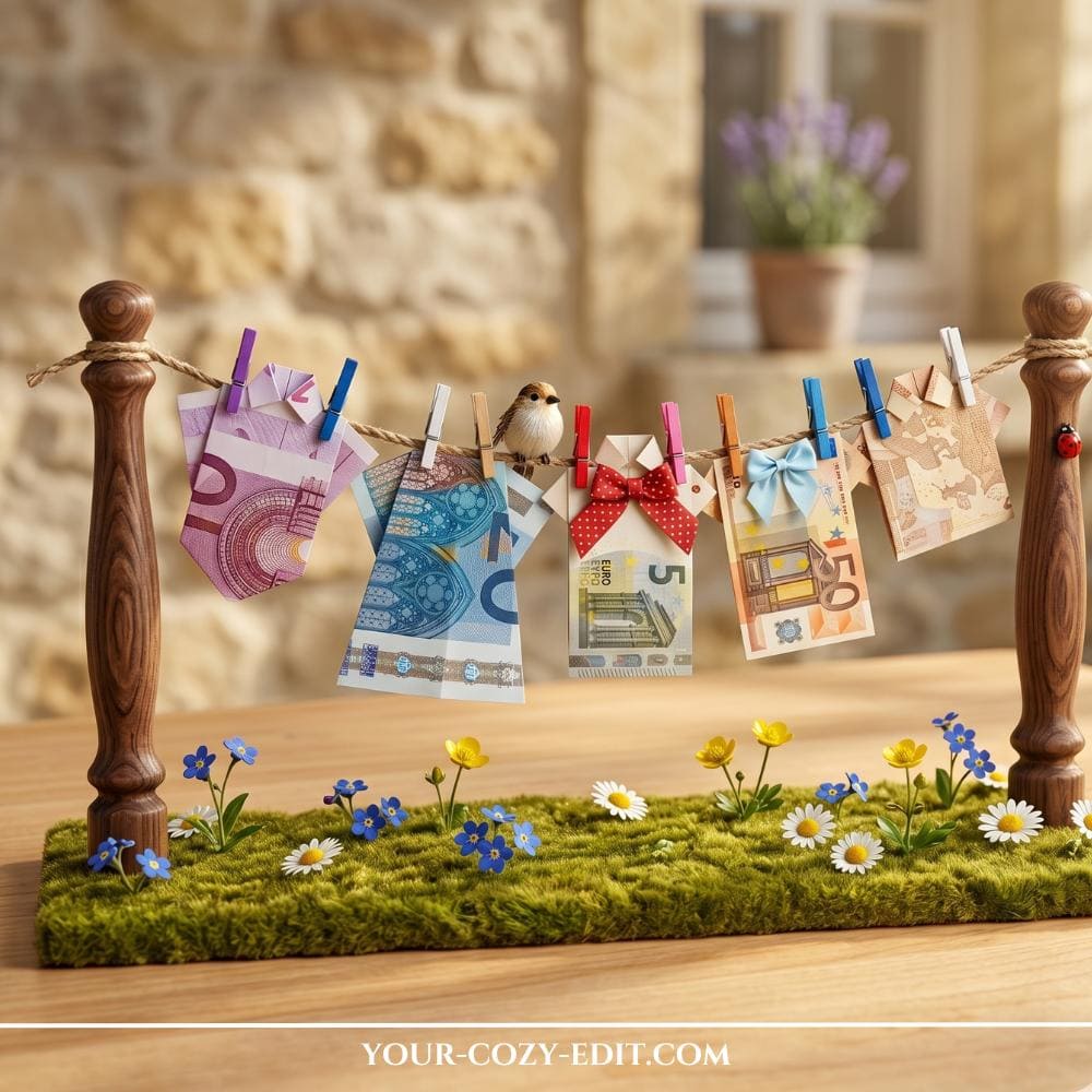 A beautiful and detailed DIY money gift featuring a miniature clothesline setup on a wooden table. Two elegant dark wooden posts are fixed on a strip of green moss filled with tiny blue and white wildflowers, with a rustic twine string stretched between them. Euro cash bills intricately folded into miniature dresses, shirts, and pants with little decorative bows are hung from the line with colorful mini clothespins, while a tiny decorative bird perches in the center.