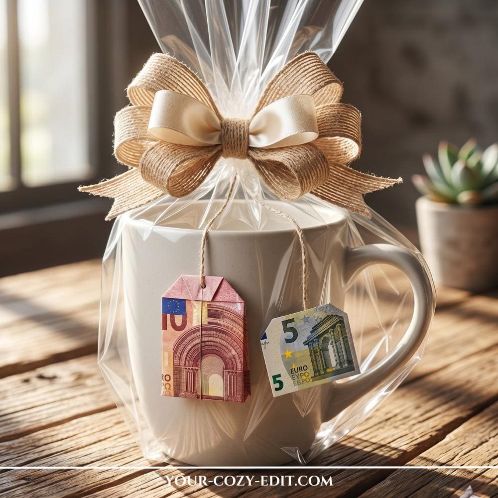 A cozy and elegant last-minute DIY cash gift featuring a beige ceramic mug wrapped in clear gift cellophane on a wooden table. Two euro bills are intricately folded into miniature tea bags with small strings, hanging creatively over the rim of the mug. The top of the wrapping is tied with a beautiful, large double bow made of rustic burlap and smooth cream-colored satin ribbon, illuminated by soft morning sunlight.