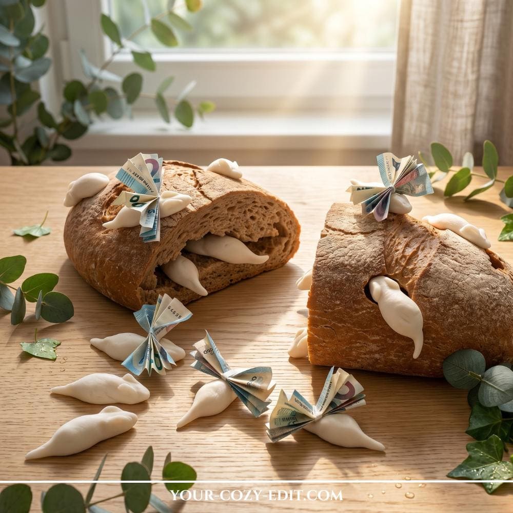 A unique housewarming DIY cash gift featuring a rustic loaf of bread cut in half on a wooden table. Small white marzipan mice are scattered around, with some crawling out of hollowed holes inside the bread crumbs. Several of the mice are decorated with euro cash bills intricately folded into little fans, surrounded by decorative green eucalyptus leaves in the soft morning sunlight.