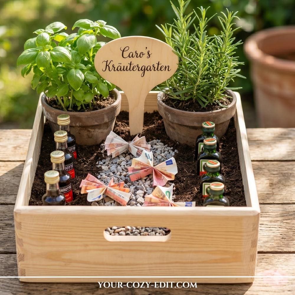 Creative DIY money gift ideas designed as a miniature indoor herb garden inside a bright wooden crate outdoors. The crate features two terracotta pots with fresh basil and rosemary, a personalized wooden plant sign in the center, and two rows of miniature liquor bottles embedded in the soil. A small pathway made of grey decorative gravel runs through the center, decorated with origami butterflies carefully folded out of cash bills.