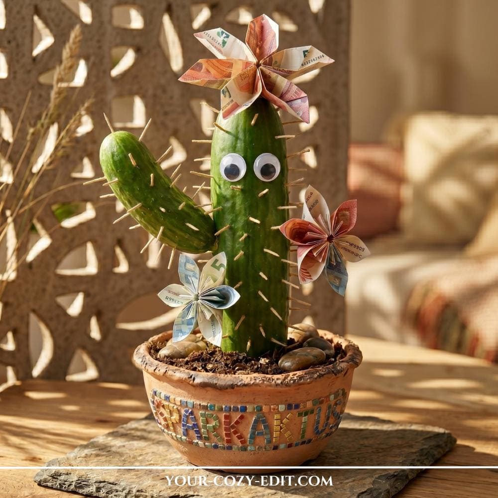 A funny and creative DIY cash gift featuring a fake cactus cleverly made from two green cucumbers inside a mosaic-decorated terracotta pot. The main cucumber has large googly eyes and is covered in toothpicks acting as spines, with a smaller cucumber attached as a cactus arm. Beautiful origami flowers folded out of colorful cash bills are attached to the top and sides of the cucumber cactus, which sits on a slate stone plate indoors.