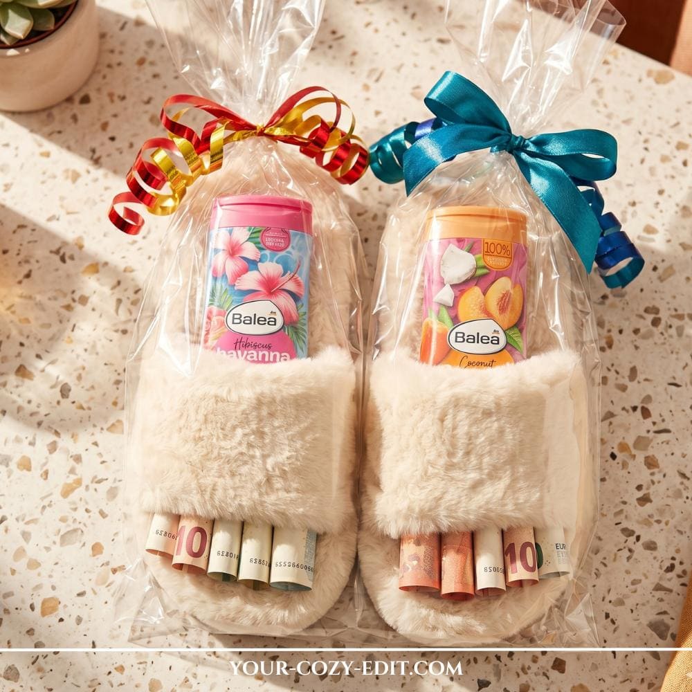 A cozy and simple DIY spa cash gift featuring a pair of fluffy cream-colored slippers wrapped in clear gift cellophane. Inside each slipper is a bottle of Balea body wash surrounded by five tightly rolled euro bills peeking out of the toe opening like little toes. The gifts are tied with shiny curling ribbons in red-gold and teal, sitting on a trendy terrazzo tabletop in the warm sunlight.