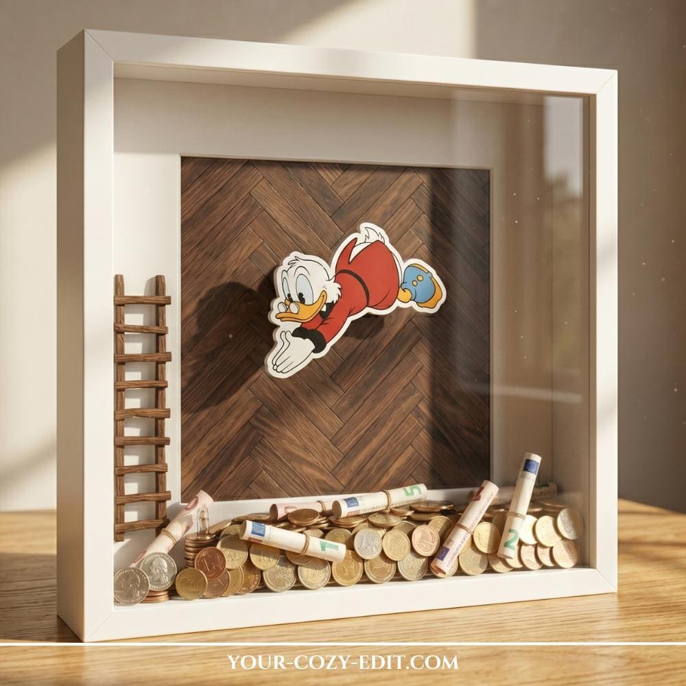 A creative 3D DIY cash gift inside a white square shadow box frame placed on a wooden table. The interior features a dark wooden herringbone pattern background decorated with a cartoon cutout of Scrooge McDuck mid-dive and a small wooden miniature ladder on the left. The bottom of the frame is filled with a large pile of gold-toned coins and tightly rolled cash bills, mimicking a miniature money bin.