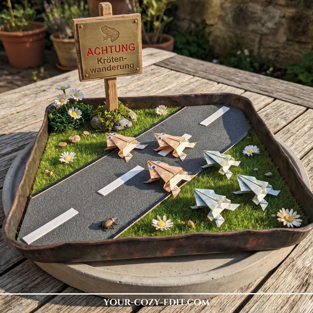 A detailed 3D DIY cash gift designed as a miniature toad migration scene inside a rustic copper tray on an outdoor wooden table. A small asphalt road runs through a patch of faux green grass dotted with tiny daisies, featuring six origami frogs folded out of cash bills with tiny googly eyes hopping across. On the left, a small rustic wooden sign stands in the moss, featuring a frog illustration and the German warning text "ACHTUNG Krötenwanderung".