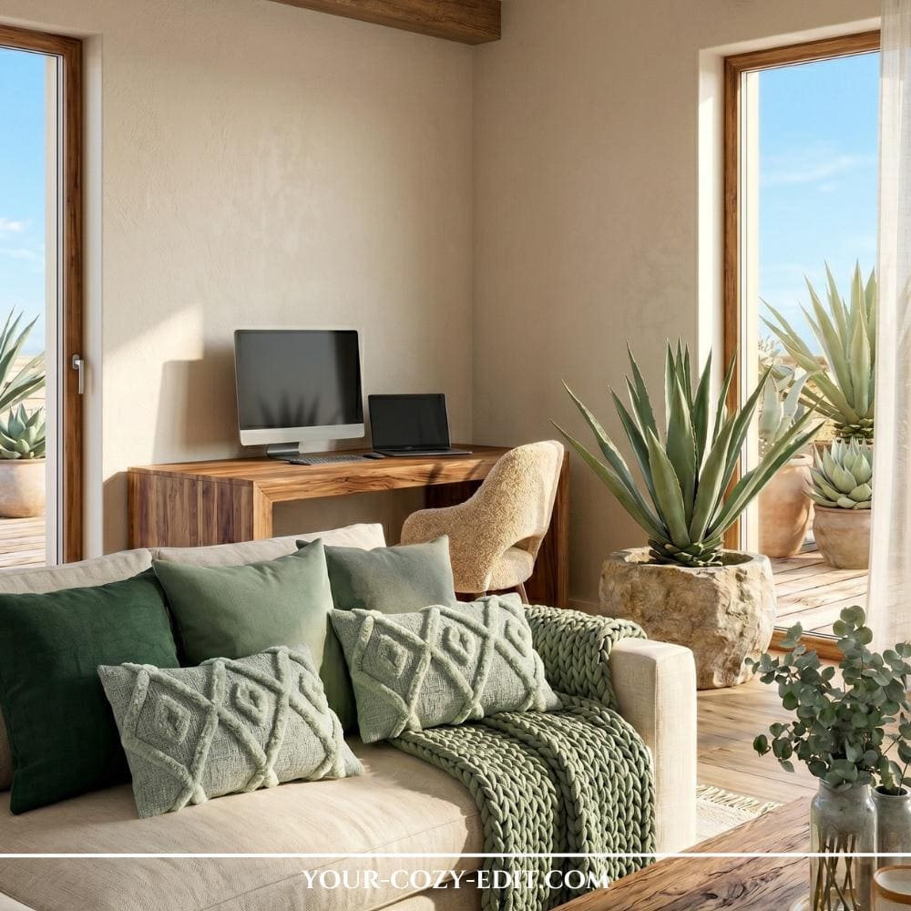 A sun-drenched, modern living room corner features a light beige sofa styled with decorative pillows in various shades of green and a chunky knit throw. In the background, a rich wood desk with a monitor sits between two large windows that look out onto a balcony with potted agave plants. The interior design emphasizes a 'desert modern' aesthetic, blending earthy tones with natural textures like stone, wood, and organic fabrics.