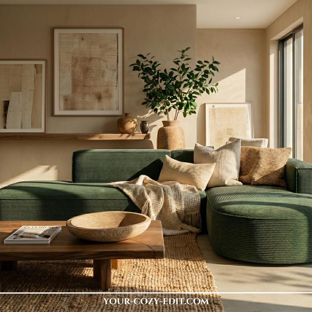 A sun-drenched, modern living room features a large, deep green corduroy sectional sofa as the centerpiece. The space is grounded by a textured jute rug and a low-profile wooden coffee table, while the walls are finished in a warm, sandy plaster. Minimalist framed art and a large earthenware vase with leafy branches add organic touches to the serene atmosphere. Natural light creates soft shadows, highlighting the earthy textures and balanced palette of this minimalist interior.