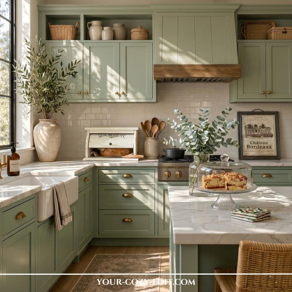 This cozy, L-shaped kitchen features muted sage green cabinets paired with elegant white marble countertops and a classic farmhouse sink. The walls are lined with white subway tiles, and wooden accents like the range hood trim and utensils add a touch of natural warmth. Decorative elements, including fresh greenery in vases, a vintage-style bread box, and earthy ceramics, create a lived-in and inviting atmosphere. Sunlight streams through the window, highlighting the clean textures and the harmonious blend of green, wood, and marble.
