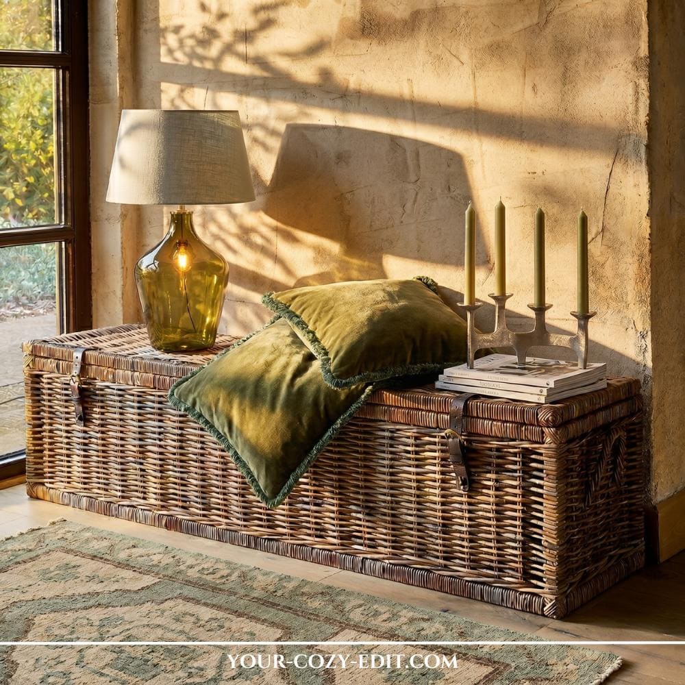 A large, woven wicker trunk sits against a textured, sunlit wall, styled with two olive green velvet pillows. On the left, a green glass lamp with a linen shade glows warmly, while a silver candelabra with green taper candles stands on a stack of books to the right. The scene is bathed in soft afternoon shadows, highlighting the rustic and cozy atmosphere of the room. A patterned green rug in the foreground completes the vintage-inspired aesthetic.