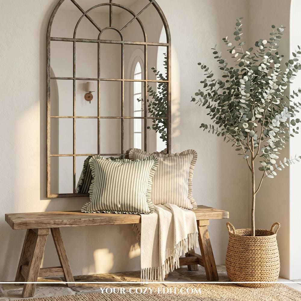 A cozy interior corner featuring a rustic wooden bench adorned with sage-green striped ruffled pillows and a cream throw blanket. A large, arched window-pane mirror leans against the neutral wall, reflecting soft, warm sunlight. To the right, a tall, airy eucalyptus tree in a woven wicker basket adds a vibrant organic element. The overall aesthetic is a harmonious blend of natural textures and soothing earth tones.