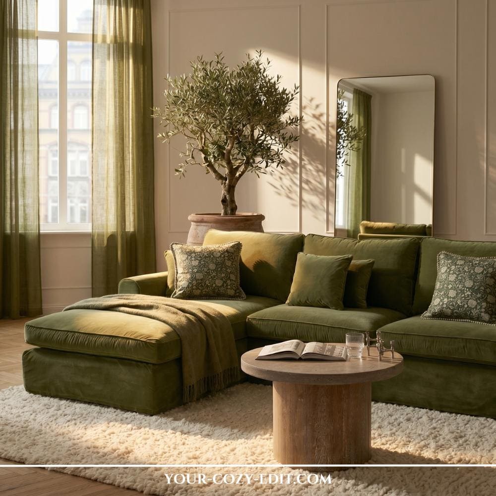 This cozy, sun-drenched living room features a large moss green velvet sectional sofa paired with a plush cream shag rug. Warm sunlight filters through olive-toned linen curtains, highlighting a mature olive tree in a terracotta pot and a minimalist wooden coffee table. A tall, rounded floor mirror leans against the wall, reflecting the serene, earth-toned interior. The space is accented with patterned green pillows, creating a harmonious and inviting atmosphere inspired by nature.