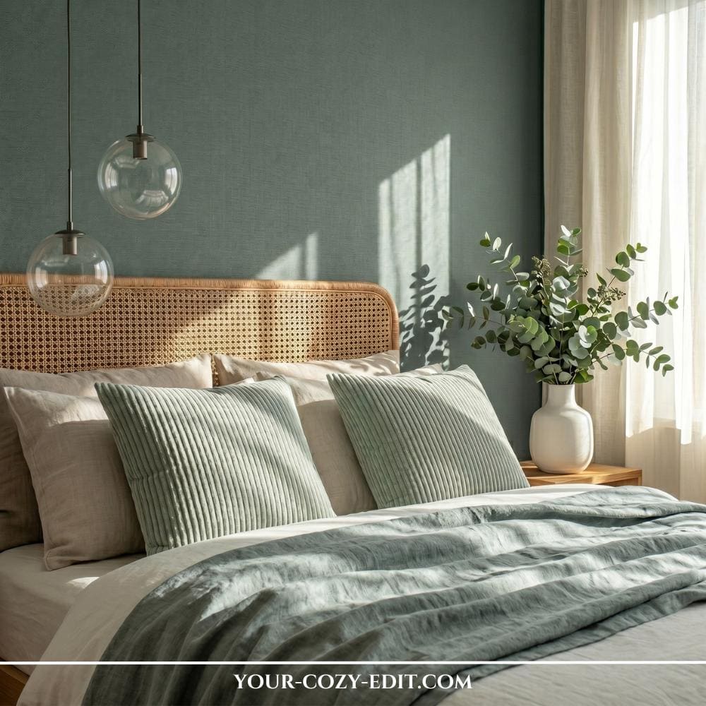 An inviting photograph of a cozy bedroom featuring a textured wall painted in a soft, muted sage green. The bed has a natural woven rattan headboard, multiple beige and soft green linen pillows, and a textured green comforter bathed in warm, dappled sunlight coming from a sheer curtained window. On a wooden nightstand sits a simple white vase filled with fresh eucalyptus branches, and two modern clear glass globe pendant lights hang overhead. A website watermark is visible at the bottom.