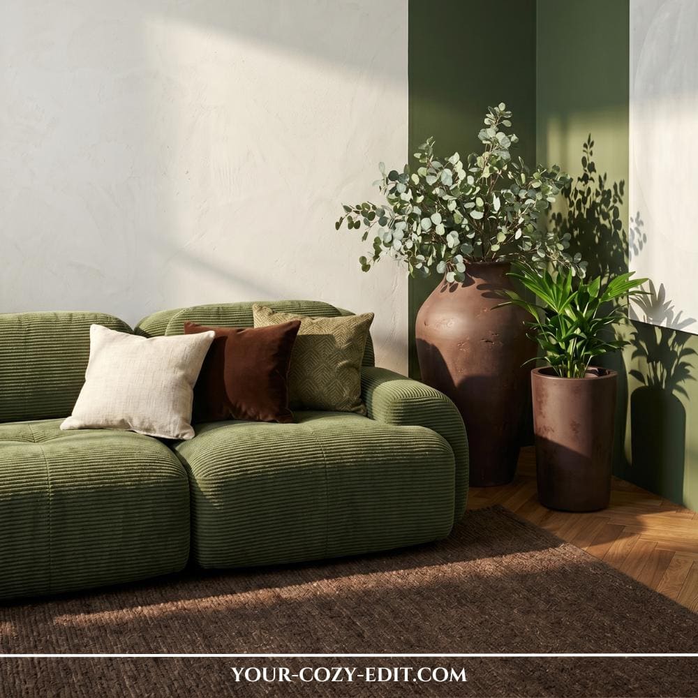 A textured moss green corduroy sofa sits in a sunlit corner next to a deep green accent wall and large terracotta-toned floor vases. The vases hold fresh eucalyptus and a tropical plant, casting soft, architectural shadows against the light-colored walls. Natural elements like the brown rug and oak herringbone floors ground the space. This interior design scene exemplifies a modern, moody, and nature-inspired aesthetic.