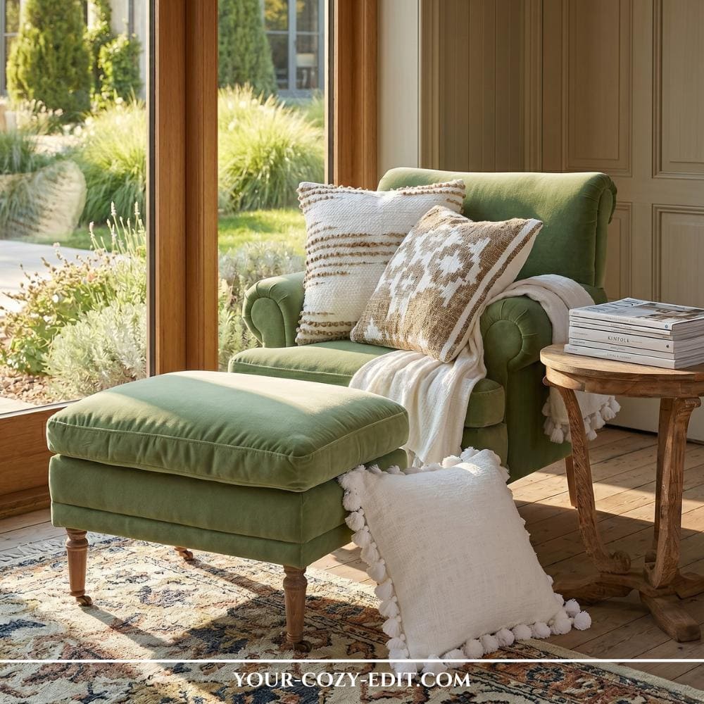 A sage green velvet armchair and matching ottoman are positioned in a sun-drenched living room, creating a cozy reading nook. A rustic wooden side table and textured throw pillows in cream and earthy patterns enhance the organic aesthetic. Large floor-to-ceiling windows in the background look out onto a lush, green garden, seamlessly connecting the interior with nature. The scene is grounded by a traditional patterned rug over warm hardwood floors.