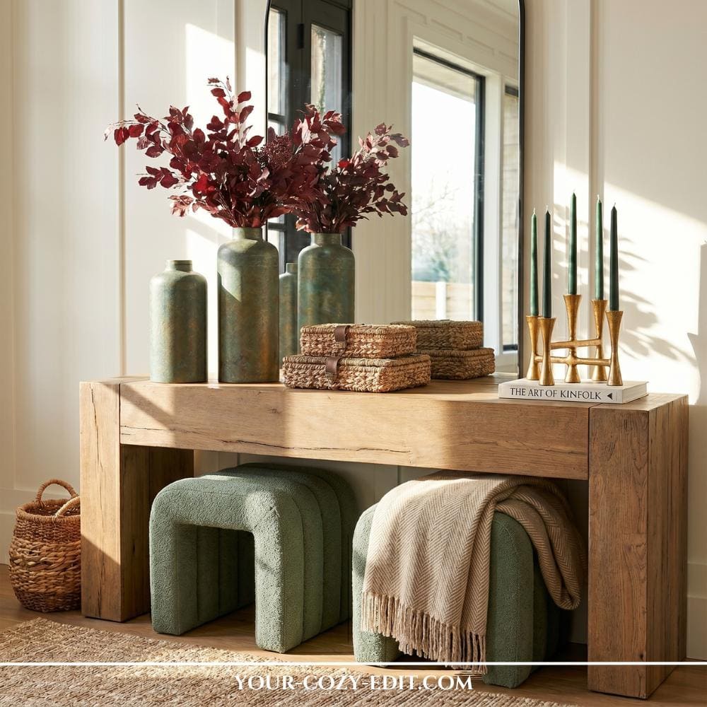 A rustic wooden console table is styled with several tall, textured green vases holding deep burgundy foliage. To the right, a gold candelabra holds forest green taper candles next to small woven seagrass boxes. Two sage green textured stools and a neutral-toned throw blanket are neatly tucked under the table. The overall scene is bright and airy, showcasing a modern and warm interior design aesthetic.