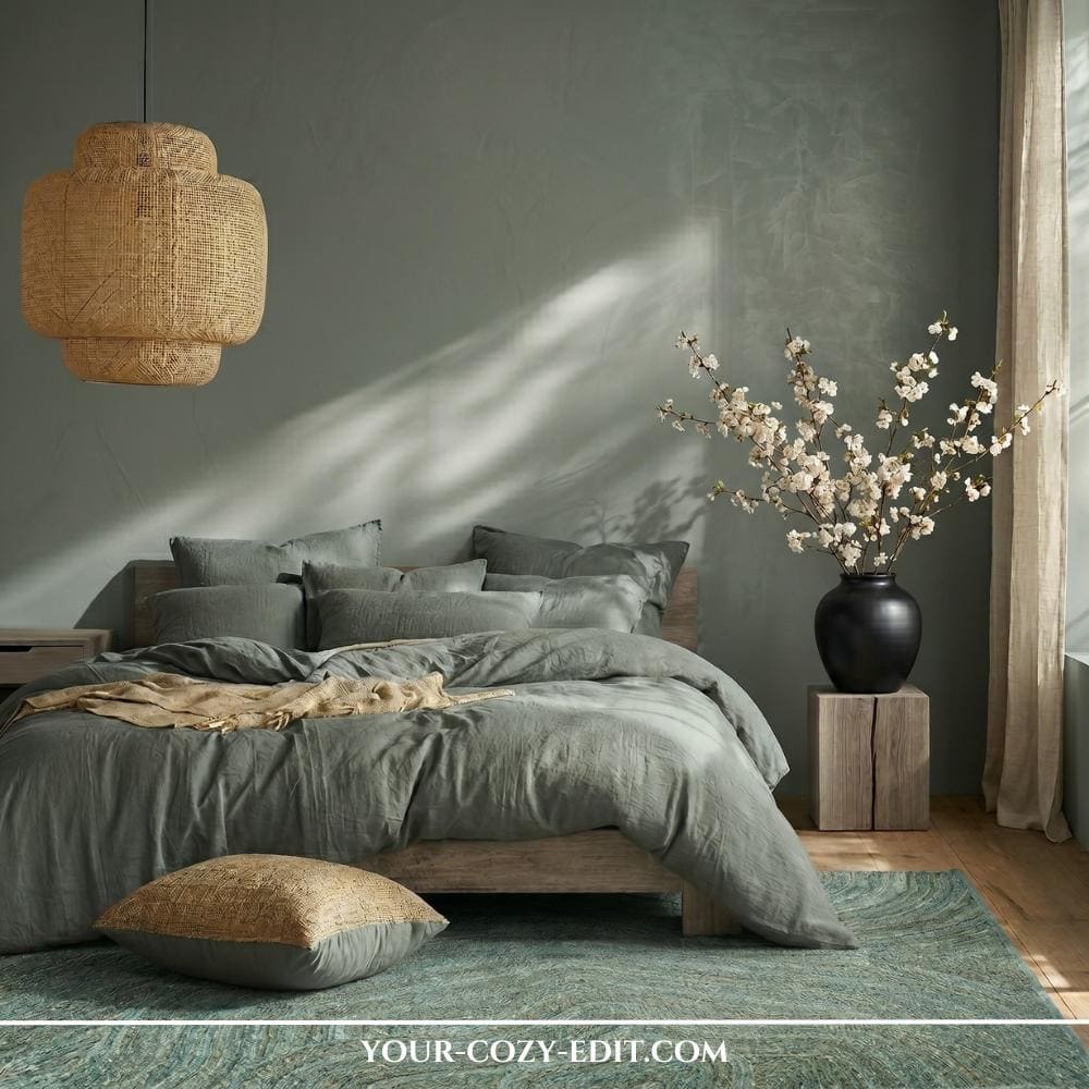 A serene bedroom features a textured eucalyptus green accent wall and matching sage green linen bedding. A large, tiered woven pendant light hangs above the bed, casting soft, architectural shadows across the room. To the side, a black ceramic vase filled with white blossoming branches sits on a rustic wooden pedestal, adding a touch of nature. A textured teal and green rug covers the light wood floors, completing the organic, modern aesthetic.