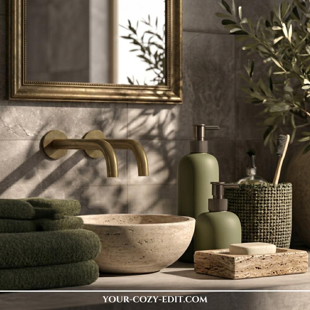 A photograph of a curated, spa-like bathroom vanity area bathed in warm, dappled sunlight filtering from an olive branch. On a grey stone countertop, an oval, textured travertine bowl sink sits next to a stack of dark olive-green linen towels and two matte olive-green soap pumps. A brass-finished faucet is wall-mounted above the sink. A vintage-style brass-framed mirror reflecting foliage is positioned on the wall, alongside a woven basket containing a toothbrush and a glass bottle.