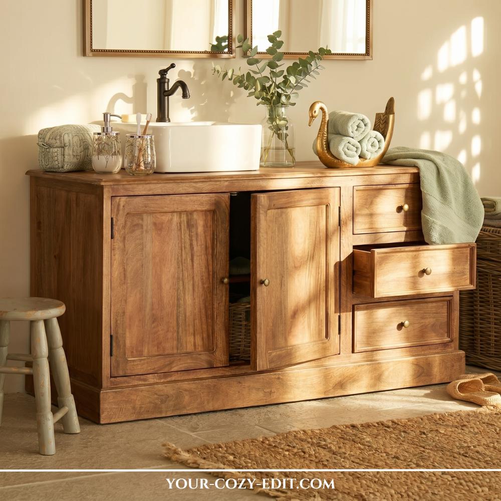 A rustic wooden bathroom vanity is bathed in warm, golden sunlight, featuring a modern white vessel sink and a sleek black faucet. The scene is thoughtfully styled with sage green towels, a decorative gold swan-shaped basket, and a glass vase filled with fresh eucalyptus branches. An open cabinet door and drawer reveal a glimpse of the textured interior, adding a natural and lived-in feel to the space. A textured jute rug and a simple wooden stool complete this serene, spa-inspired interior design.