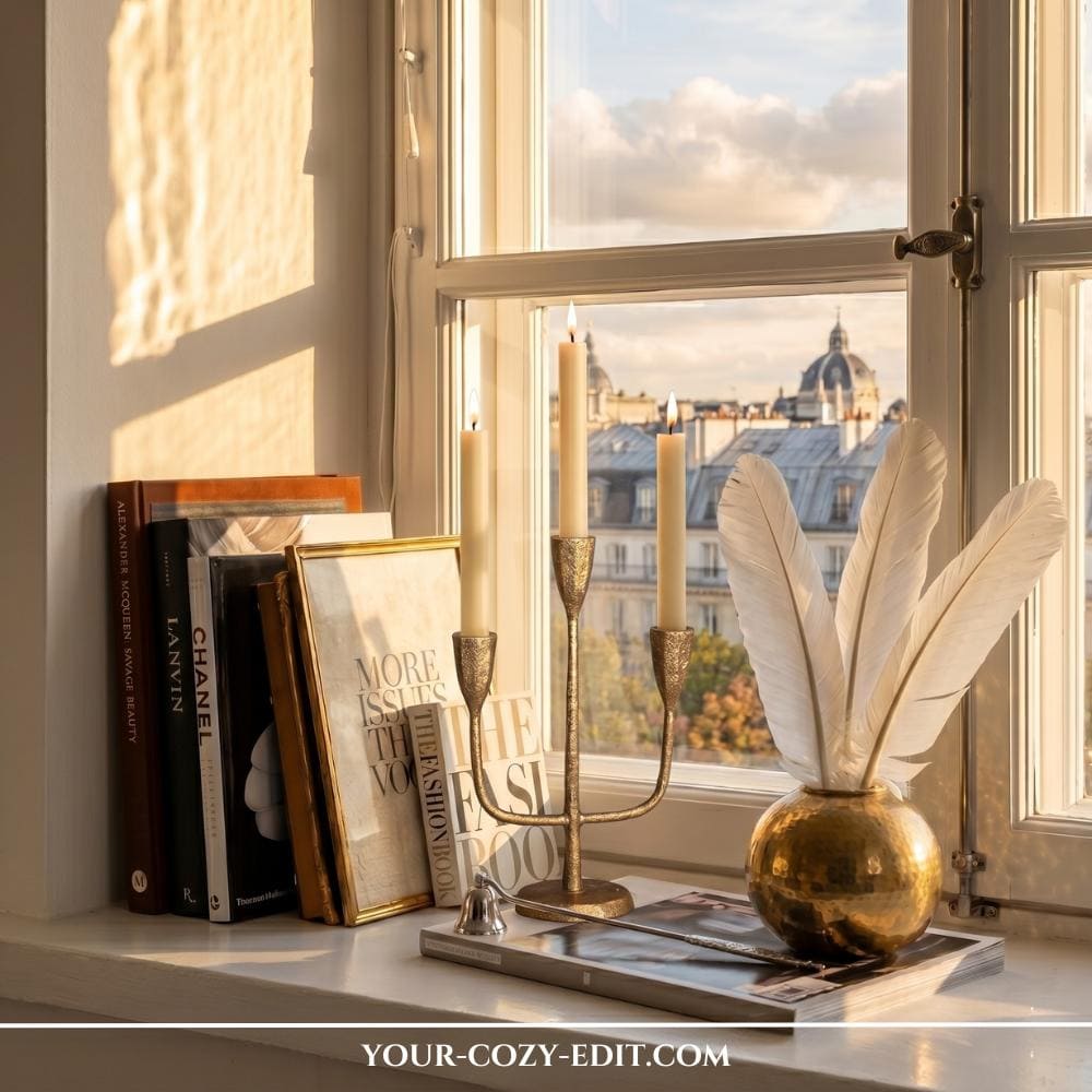 A beautifully styled white windowsill bathed in warm golden hour light, capturing a luxurious Parisian apartment aesthetic. On the left, fashion coffee table books by Chanel, Lanvin, and Alexander McQueen are stacked vertically next to leaned gold picture frames. In the center, a three-arm antique brass candelabra holds burning taper candles next to a round, hammered gold vase filled with fluffy white feathers. The window looks out onto a stunning rooftop view of Paris, featuring classic zinc roofs and a historic domed building under a soft evening sky.