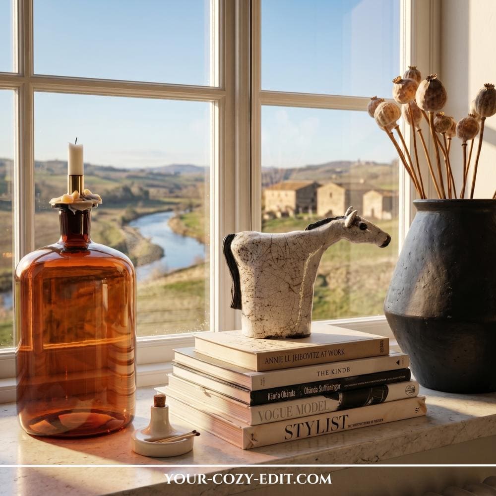 A sunlit marble windowsill styled in a sophisticated modern rustic aesthetic against a beautiful scenic backdrop. On the left, a large amber glass apothecary jug holds a small taper candle in its spout, catching the warm morning light. In the center, a stylized white ceramic horse figurine rests on a neat stack of fashion and interior design books, while a large, textured matte black vase filled with dried poppy pods stands to the right. The window frames a breathtaking countryside view featuring a winding river and historic stone barns under a bright, clear sky.