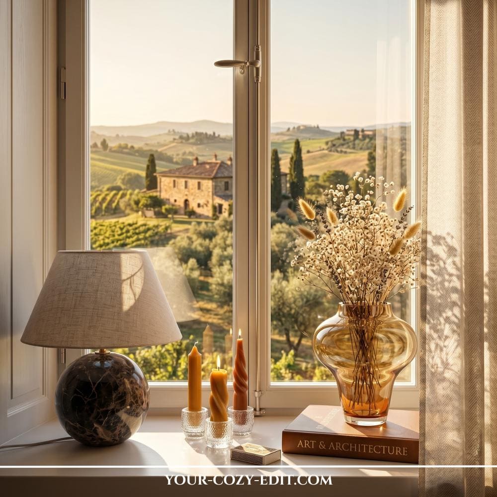 A sun-drenched windowsill styled with warm, Mediterranean-inspired decor elements. On the left, a heavy table lamp with a dark, round marbled stone base and a linen shade sits next to three lit taper candles in amber and ochre tones. To the right, a large, translucent amber glass vase filled with delicate dried bunny tails and florals rests on a design book titled 'Art & Architecture'. In the background, large window panes open up to a breathtaking, golden-lit view of the rolling hills and rustic villas of Tuscany.