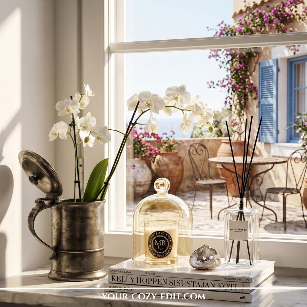 A sun-drenched marble windowsill styled with an elegant, Mediterranean resort-inspired decor theme. On the left, a delicate white orchid blooms beautifully out of an antique pewter pitcher with an open lid. In the center, a stack of interior design books serves as a pedestal for a luxury candle under a clear glass cloche, a small crystal geode, and a sleek glass reed diffuser. The window opens up to a breathtaking view of a sunny courtyard terrace featuring vibrant purple bougainvillea, terracotta planters, and rustic bistro furniture against a backdrop of classic blue window shutters.