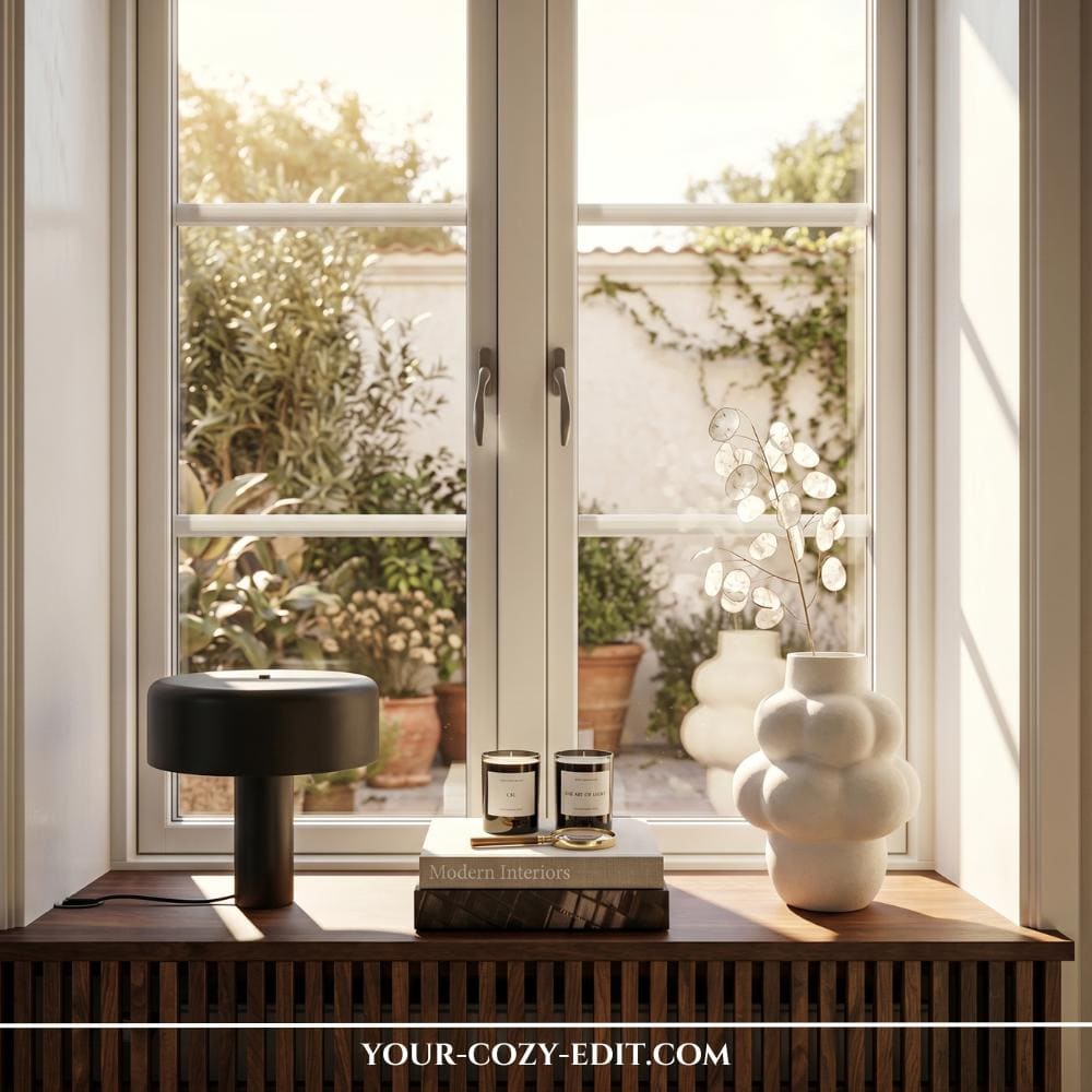 A minimalist and modern wooden windowsill styled with a contrast of dark and light decor pieces. On the left, a matte black mushroom-shaped lamp adds a bold accent, while a white, textured bubble vase with delicate dried lunaria branches sits on the right. In the center, two luxury scented candles rest on a small stack of design books, breaking up the symmetry. The window looks out onto a sun-drenched courtyard filled with terracotta potted plants and ivy-covered walls.