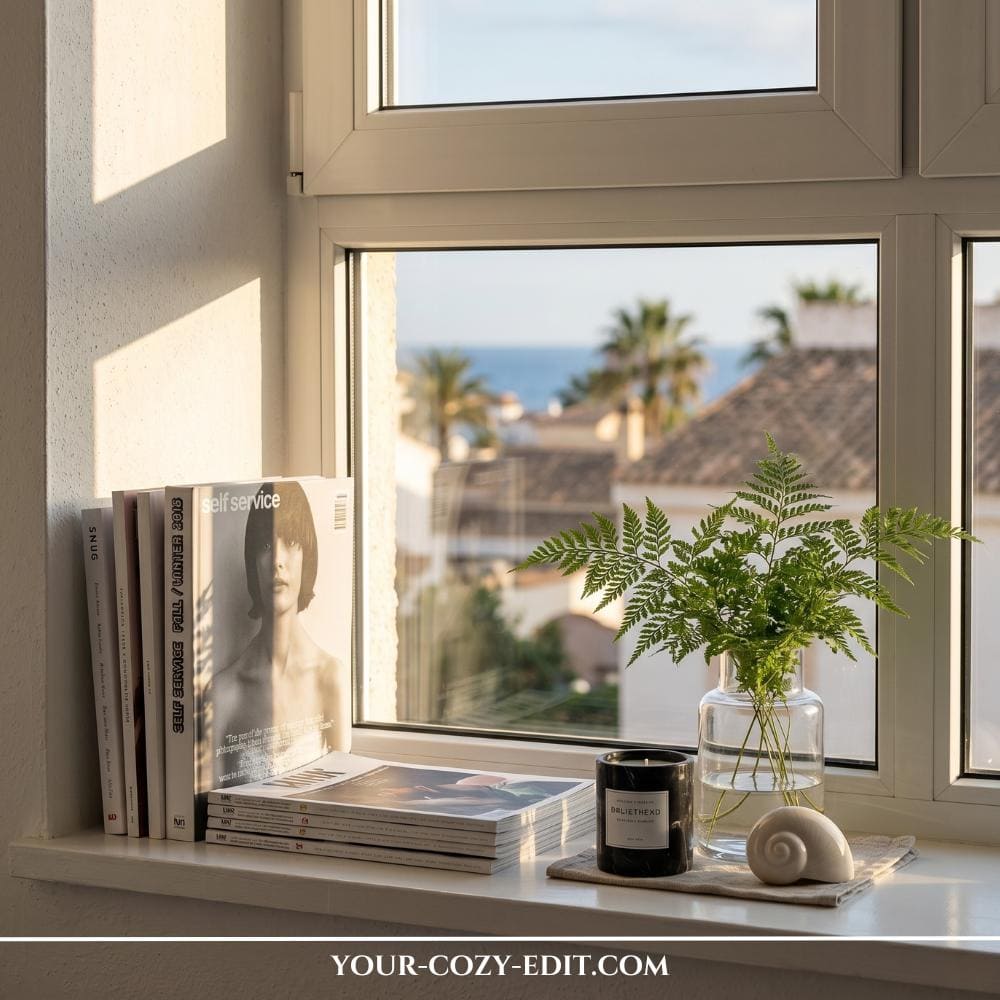 A bright, sunlit windowsill styled with an asymmetric, editorial-inspired decor vignette. On the left, a collection of style magazines is displayed both vertically and in a neat horizontal stack. Next to them, a matte black jar candle and a clear glass vase filled with vibrant green fern fronds sit on a small linen coaster alongside a decorative ceramic snail shell. The window opens up to a scenic, breezy view of palm trees, terracotta rooftops, and a glimpse of the blue ocean in the distance.