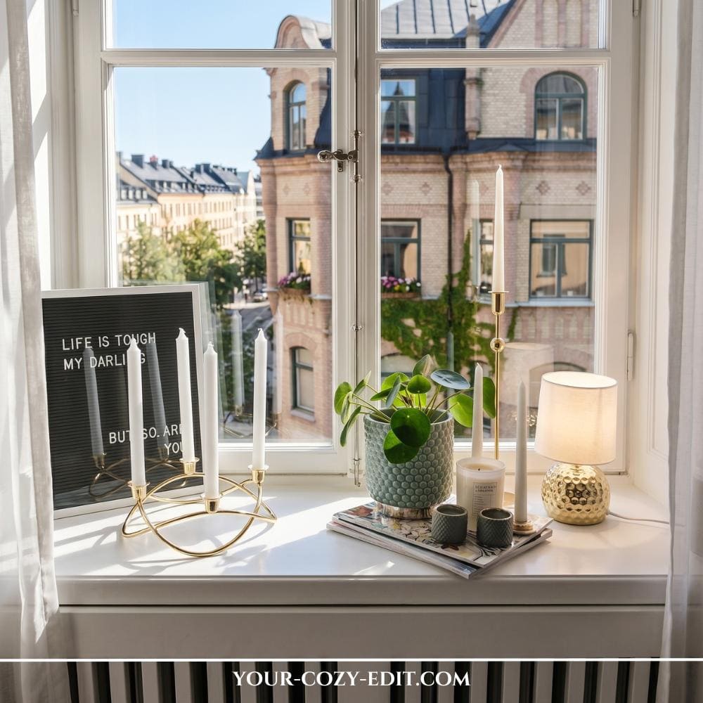 A bright white windowsill styled with a chic modern typography and warm gold decor theme under daylight. On the left, a black letterboard displaying a white text quote leans against the window frame next to a looping gold candelabra holding white taper candles. In the center, a textured sage green pot holds a vibrant Chinese money plant resting on a small stack of glossy magazines alongside small tea light holders and a single tall candlestick. To the right, a small table lamp with a textured gold base and a cream shade anchors the setup, looking out onto an elegant European street with historic brick buildings.