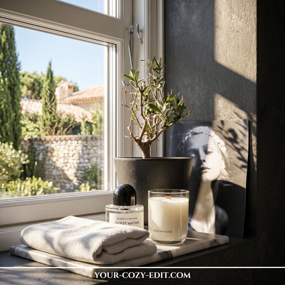 A luxury bathroom windowsill styled with a minimalist, boutique hotel spa aesthetic under dramatic morning sunlight. On a white marble tray in the foreground, a folded waffle-weave hand towel sits next to a bottle of luxury Byredo perfume and a lit wooden-wick glass candle. Behind them, a small potted olive tree in a matte black ceramic planter stands in front of a striking black-and-white portrait print leaning against a dark gray textured wall. The window reveals a beautiful, sun-drenched European courtyard with stone walls and cypress trees in the background.